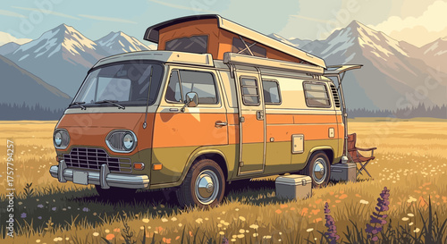 Stylized retro campervan amidst scenic mountain landscape illustration