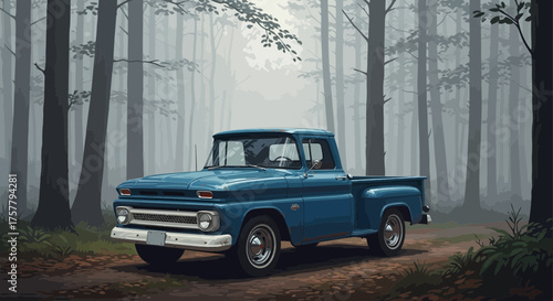 Vintage blue pickup truck amidst the misty forest ambiance illustration