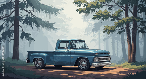 Vintage blue pickup truck parked along a forest road in a tranquil scene