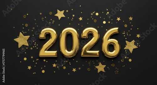 Shiny Golden 2026 Typography with Scattered Glittering Stars and Confetti on Dark Background