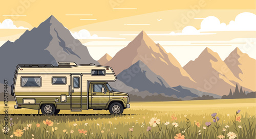 Vintage campervan amidst scenic mountains, evoking road trip nostalgia