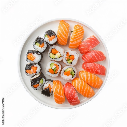 Plate of sushi rolls isolated on pure white background