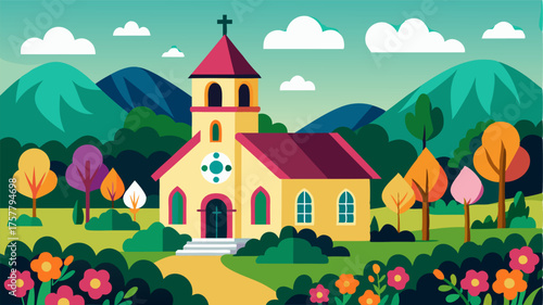A hidden gem in the countryside a picturesque church with a thatched bell tower and a colorful garden overflowing with blooms.