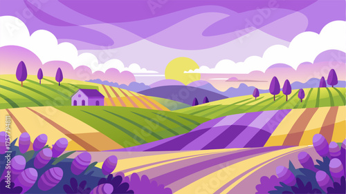 A landscape of rolling farmlands painted with vibrant fields of lavender and chamomile creating a sweet and soothing aroma in the air.