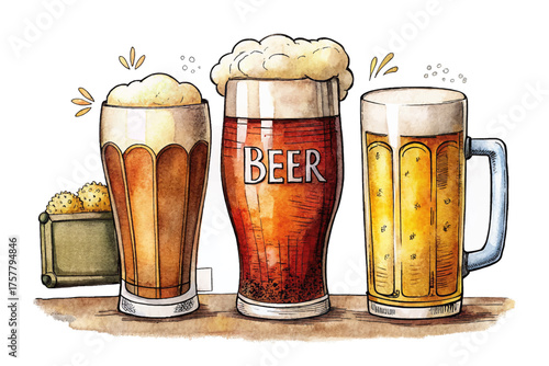 pint glass full of beer with head vector, a refreshing alcoholic beverage watercolor