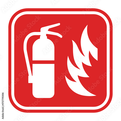 Fire extinguisher icon with flames a simple vector symbol for safety and emergency situations isolated on a red background