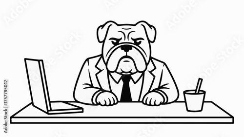 Serious bulldog in suit at desk with laptop and pen