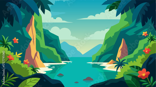 A picturesque lagoon framed by towering cliffs covered in emerald vines and tropical flowers.
