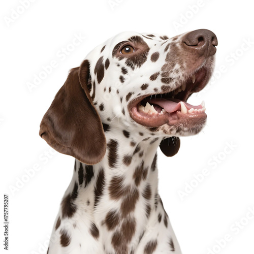 Close-up shot of a Dalmatian dog with distinctive spotted coat, looking up with mouth open.
