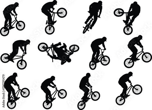 BMX rider silhouette icons, bike stunt and trick poses, extreme sport motion set, black vector, cad drawing flat vector illustrationBMX rider silhouette icons