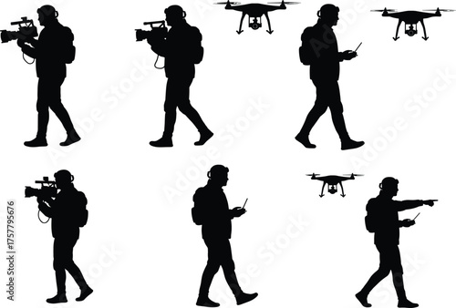 Drone operator silhouette poses, person flying drone, remote control actions, aerial technology, black icons, drone movement, flight control, tech illustration