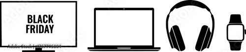 Electronics Black Friday Sale Silhouette Set - Laptop, TV, Headphones, Smart Watch Vector Icons for Tech Discount
