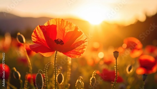 Red Poppy Flower Field at Sunset with Golden Sunlight and Mountain Silhouette in Background