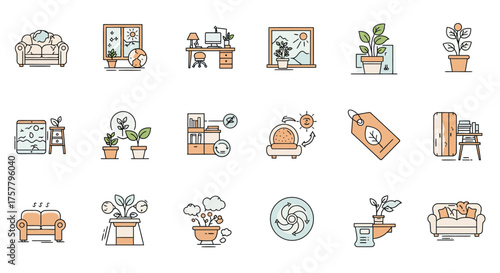 Eco-friendly lifestyle concept Comfortable furniture  potted plants emphasizing sustainability eco-conscious choices promoting green living at home.