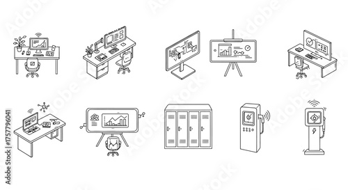 digital workplace workstation desks with computers showing graphs lockers and electric chargers for a modern productive office environment.