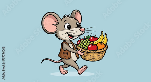 Cartoon mouse carrying a fruit basket walking cheerfully with a colorful assortment of fruits perfect for childrens illustrations and educational materials.