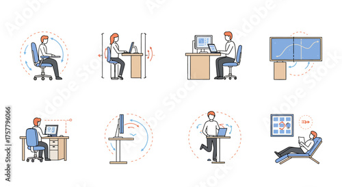 ergonomic workplace setup diverse postures for comfortable and healthy work environment in a modern office illustrating movement and well-being.