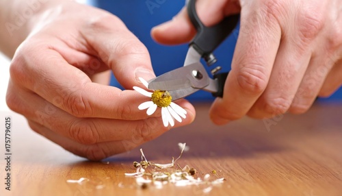 Hands Using Scissors Cutting Daisy Flower On Wooden Surface