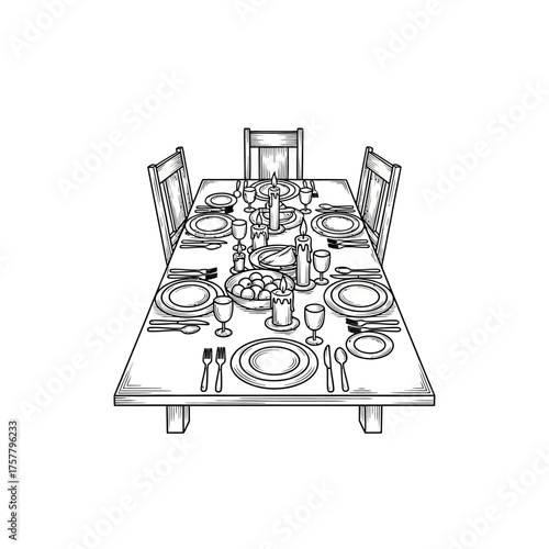 Elegant Thanksgiving dinner table setting with plates, candles, and cutlery in a classic sketch style