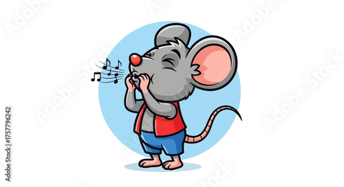 Cartoon mouse whistling a tune holding hands to mouth in a whimsical pose against a cheerful backdrop perfect for childrens content creation