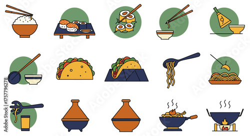 Diverse cuisine icons Asian rice sushi rolls tacos and tagine for restaurant menu designs culinary blogs and international food promotions.