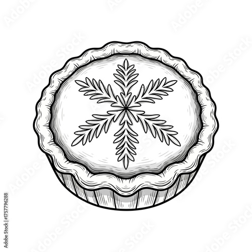 Hand-drawn illustration of a delicious rustic pie, an inviting dessert perfect for autumn harvest gatherings and a traditional Thanksgiving holiday feast