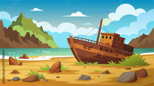 A deserted shipwreck nestled on the shore its rusty hull fading into the surrounding natural landscape.