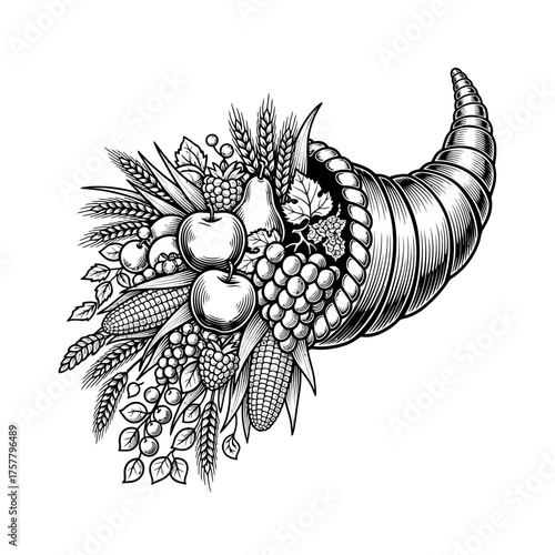 A bountiful cornucopia overflowing with fruits and grains, symbolizing abundance and the spirit of Thanksgiving celebration