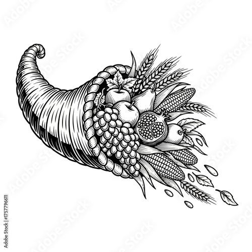 Classic Cornucopia Abundance Illustration for Thanksgiving Celebrations, featuring Bountiful Harvest of Fruits, Vegetables, and Grains in Vintage Engraving Style