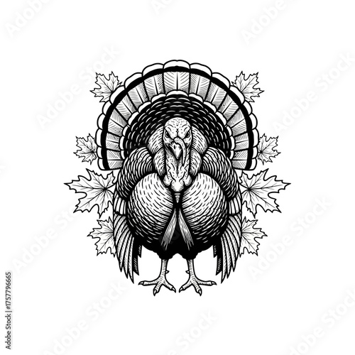 Celebrate Thanksgiving Detailed Illustration of a Turkey with Maple Leaves