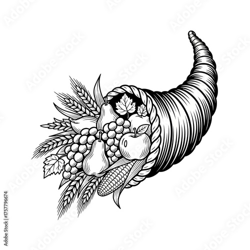 A classic black and white illustration of a Thanksgiving cornucopia, the horn of plenty overflows with autumn harvest fruits and vegetables