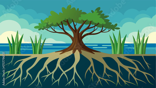 A network of intricate roots forms a natural barrier along the edge of the mangrove forest protecting the coastline from erosion and storms.