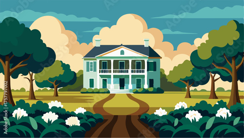 A grand plantationstyle house stands at the center of a vast cotton field surrounded by towering oak trees.