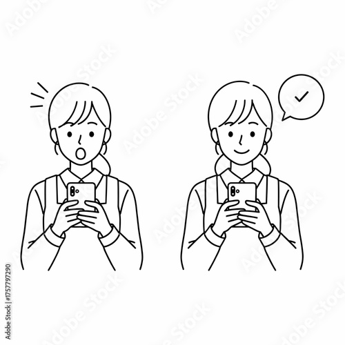Woman Looking at Smartphone with Surprised and Confirmed Expressions (Set of 2)