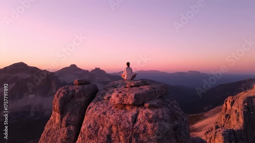 Serene person meditating peacefully on a rugged rocky mountaintop at golden hour with a breathtaking panoramic vista of layered mountains under a