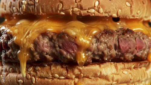 Gourmet Cheeseburger Close Up With Juicy Beef Patty Melted Golden Cheese and Sesame Seed Bun Macro Shot Appetizing Fast Food Concept Delicious