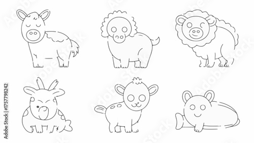 Charming collection of simple outline cartoon safari animals, perfect for children's designs