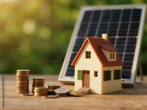 A model house with solar panel and coins showing savings from using solar energy for home.
