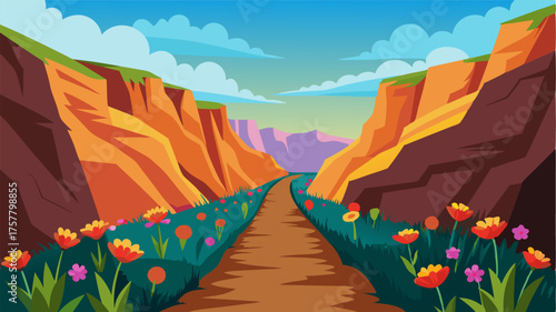 A narrow trail lined with vibrant wildflowers skirting along the edge of a deep canyon with stunning panoramic views.