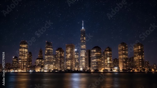 Majestic city skyline at twilight transition to night with a vast expanse of water in the foreground and a star-filled sky above the illuminated