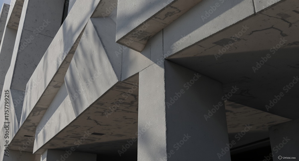 Fototapeta premium Modern concrete architecture detail with abstract geometric shapes, strong lines, and captivating light and shadow play. Textured gray surface creating a contemporary visual pattern for design an