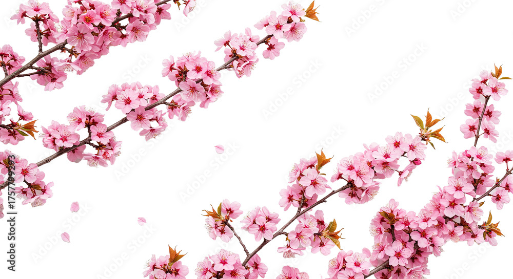 Fototapeta premium Delicate Pink Cherry Blossoms Blooming on Branches Against White Background.