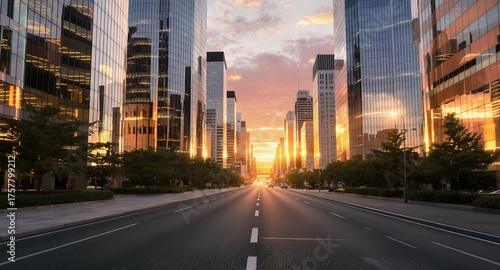 Modern Cityscape at Golden Hour Empty Urban Road Lined with Glass Skyscrapers Reflecting Warm Sunset Light, Downtown Business District Architecture and Perspective View