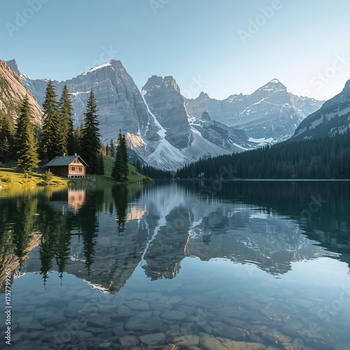 Stunning mountain lake reflection with cozy cabin offers tranquil escape into nature's beauty, perfect for travel, vacation, or peaceful getaway concepts