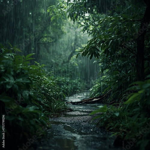 Immerse yourself in a serene forest scene as gentle rain falls, creating a peaceful, calming atmosphere perfect for mindful reflection and nature connection.