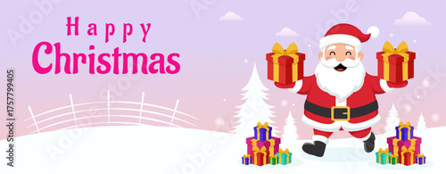 Happy Christmas Banner with Santa Claus Holding Gifts. Vibrant Happy Christmas banner featuring Santa Claus with presents and snow background. great for social media greetings, holiday ads.