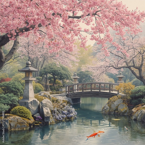 Stunning Japanese garden scene with cherry blossoms, koi fish, and peaceful water reflecting the light of spring in a tranquil escape for the senses