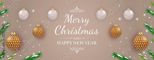 Merry Christmas and Happy New Year Golden Ornament Banner. Stylish Christmas and New Year banner featuring golden baubles, pine branches and festive background.
