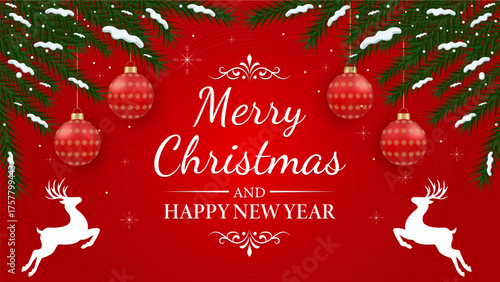 Merry Christmas and Happy New Year Red Background with Ornaments. Elegant red Christmas and New Year banner with baubles, reindeer and pine branches. ideal for holiday promotions, greetings.