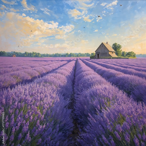 Stunning lavender field under a vibrant sky evoking peace and serenity, perfect for travel, wellness, or aromatherapy branding and advertising campaigns